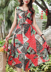 Vestidos de verano de corte A con cintura anudada y sin mangas de algodón con estampado rojo bohemio para mujer